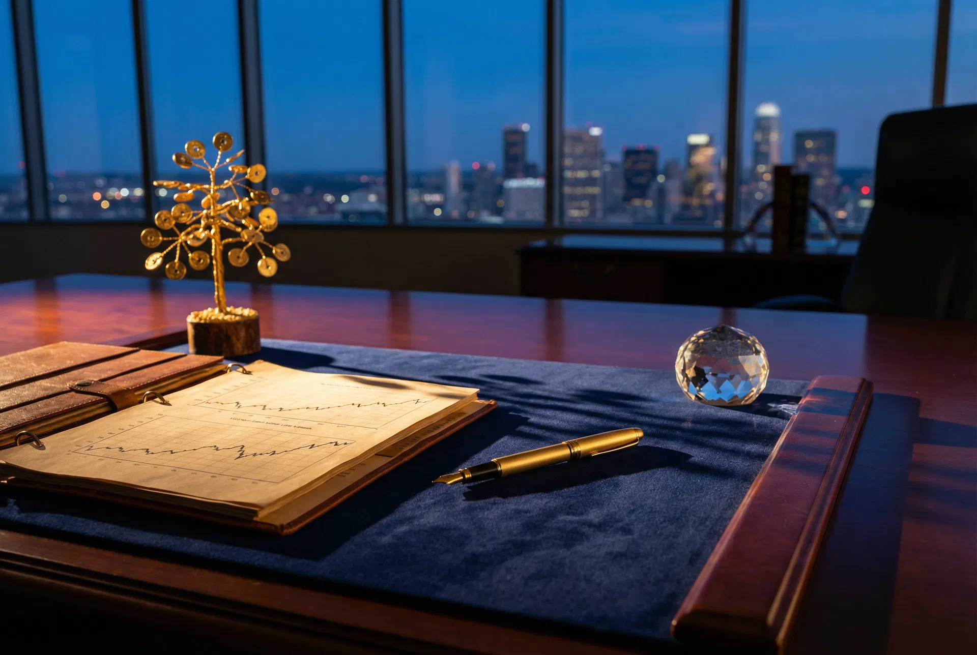Corporate wealth growth represented by gold tree on executive desk
