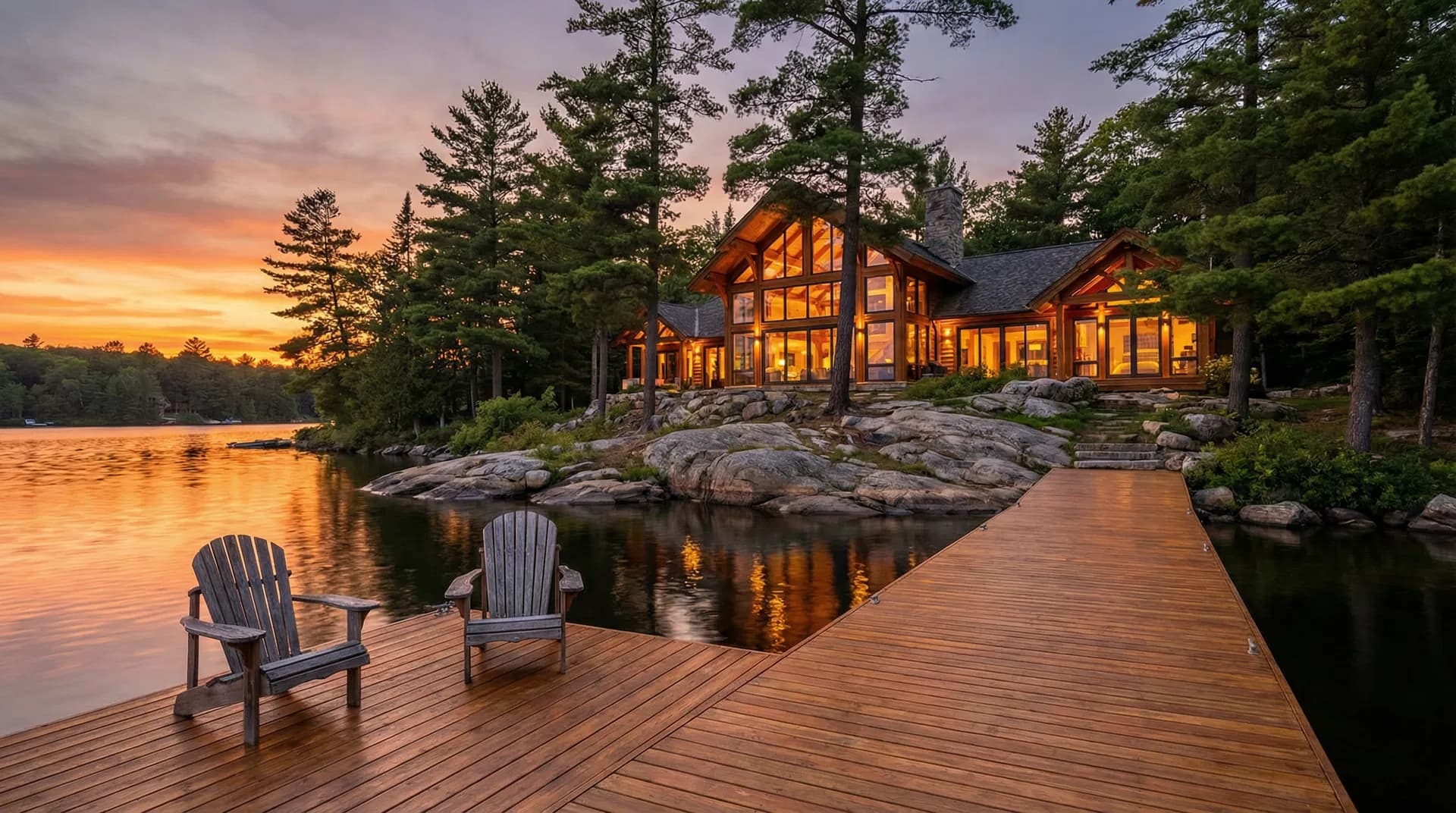 Luxury lakeside cottage at sunset